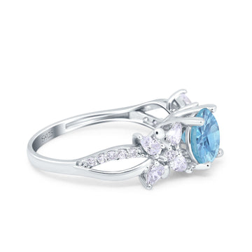 Art Deco Wedding Bridal Ring Round Simulated Aquamarine CZ 925 Sterling Silver